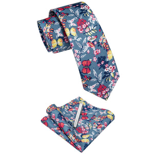YourTies Sky Blue Tie Red Floral Printed Tie with Clip Set 6.35cm