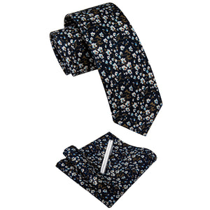 YourTies Blue Black Printed Skinny Tie Set with Tie Clip