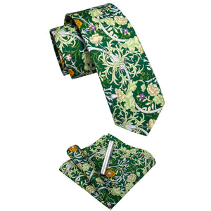 Green Floral Printed Skinny Tie Set with Tie Clip