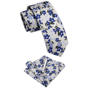 YourTies White Tie Floral Wedding Blue Flower Printed Tie Set and Clip