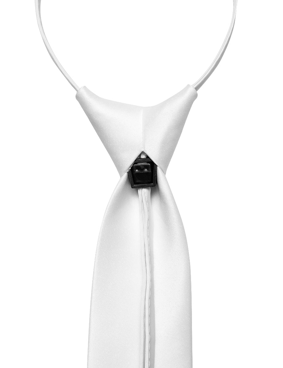 White Solid Silk Adjustable Zipper Pre-tied Necktie Pocket Square Set