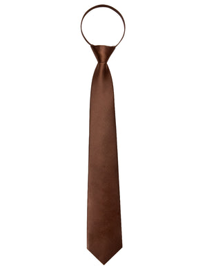 Brown Solid Silk Adjustable Zipper Pre-tied Necktie Pocket Square Set