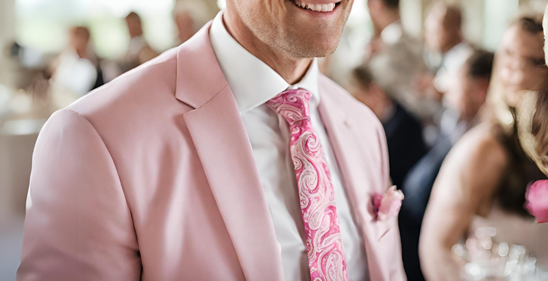men wearing pink paisley necktie attending the wedding 