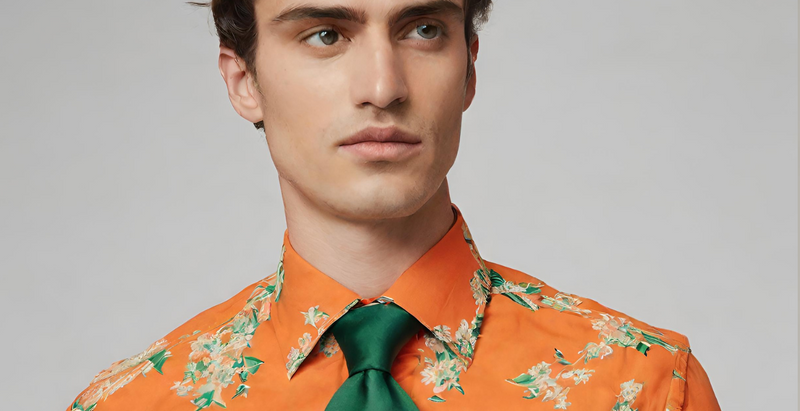 Orange Floral Shirt with Green and Gold Paisley Tie