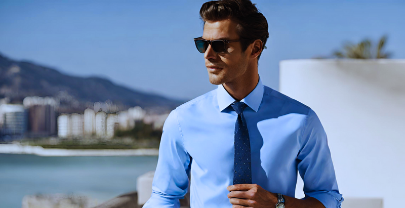Wear a polka dots blue tie with a button-down shirt 