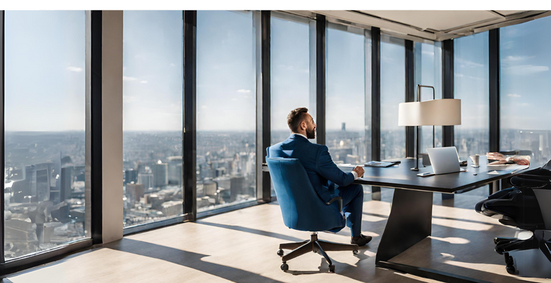 Man in blue suit sitting in office with floor-to-ceiling windows