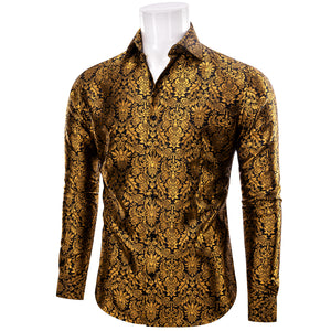 Golden Black Floral Leaf Men's Long Sleeve Shirt