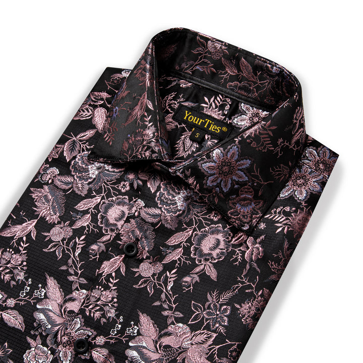 YourTies Black Mens Shirt Pink Jacquard Floral Long Sleeve Dress Shirt, M YourTies Black Mens Shirt Pink Jacquard Floral Long Sleeve Dress Shirt, M
