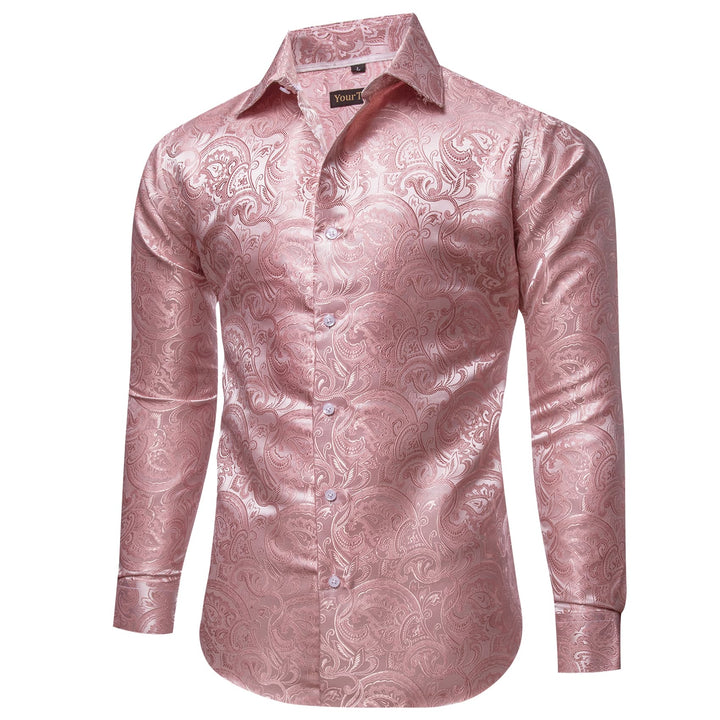 mens pink silk dress shirts DiBanGu Dress Shirt Pink Solid Silk Men's Button Down Long Sleeve Shirt, M