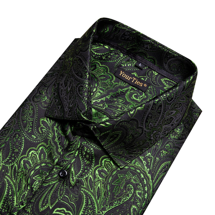 YourTies Olive Green Paisley Silk Shirt Men's Long Sleeve Dress Shirt YourTies Olive Green Paisley Silk Shirt Men's Long Sleeve Dress Shirt