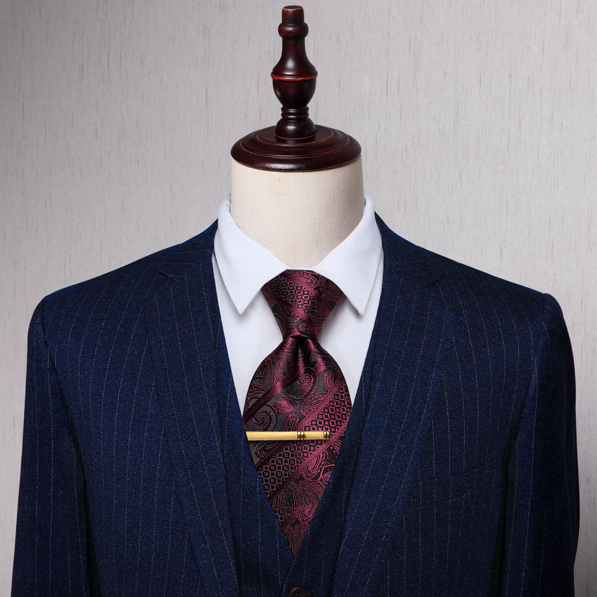 Burgundy Red Paisley Silk Necktie with Golden Tie Clip