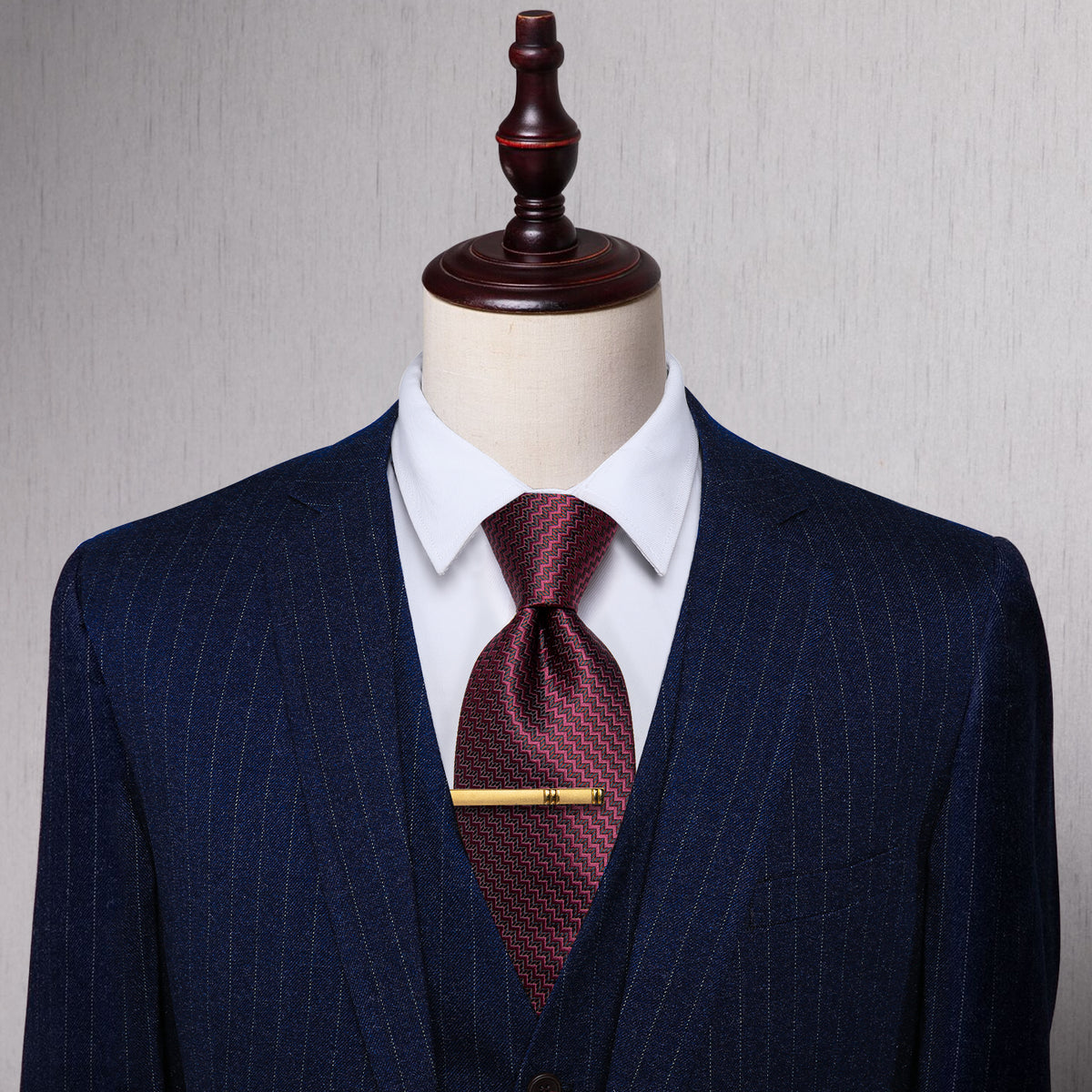 Burgundy Irregular Striped Silk Necktie with Golden Tie Clip