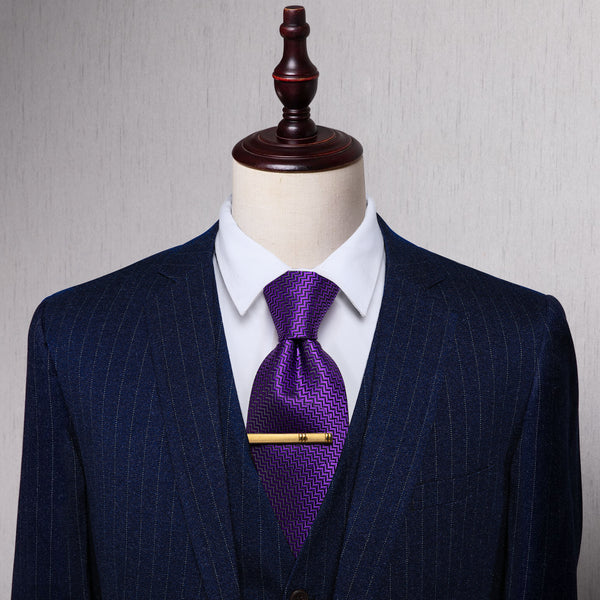 Dark purple mens geometric tie with navy blue striped suit blazer and white shirt