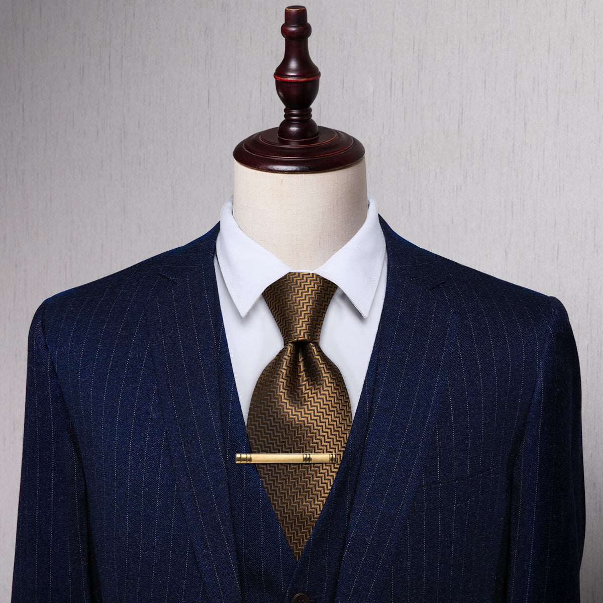 Brown Irregular Striped Silk Necktie with Golden Tie Clip