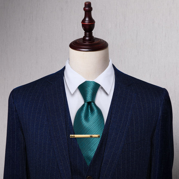 YourTies Teal Blue Irregular Striped Silk Necktie with Golden Tie Clip