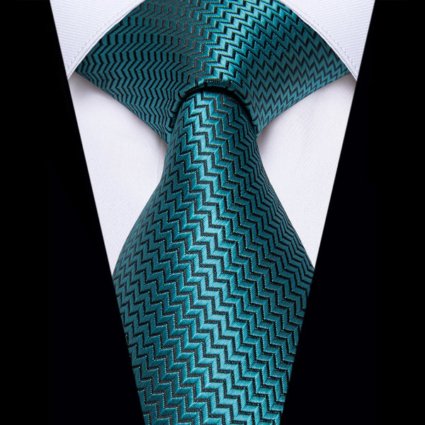 Teal Blue Irregular Striped Silk Wedding Necktie