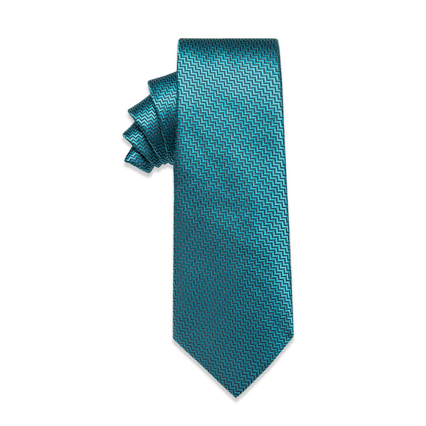 YourTies Teal Blue Irregular Striped Silk Necktie with Golden Tie Clip