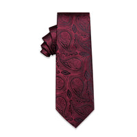 Black Deep Red Paisley Silk Necktie with Tie Clip
