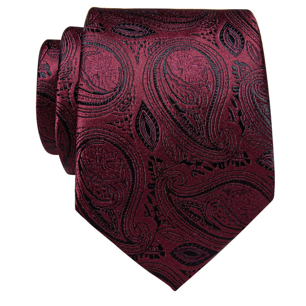 Black Deep Red Paisley Silk Necktie with Tie Clip