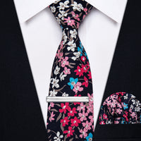 Rouge Red Floral Printed Skinny Tie Set with Tie Clip