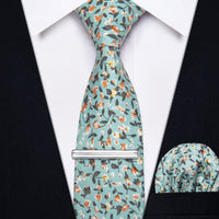 Blue Green Floral Printed Skinny Tie Set with Tie Clip