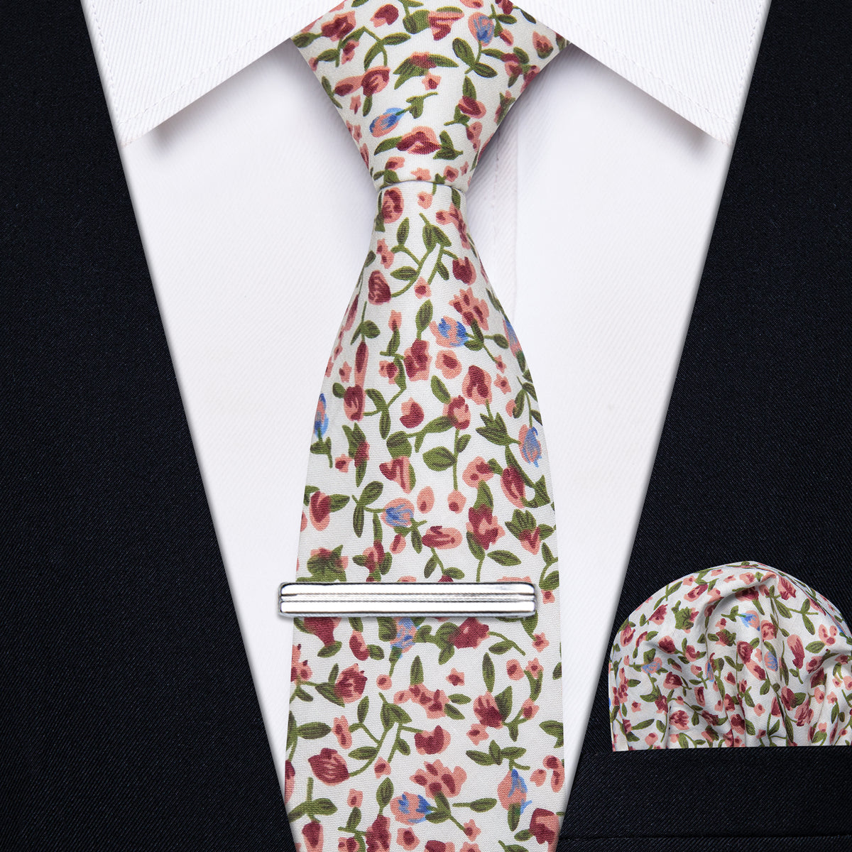 Red Blue Floral Printed Skinny Tie Set with Tie Clip