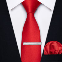 Red Solid Skinny Necktie Pocket Square Set with Tie Clip
