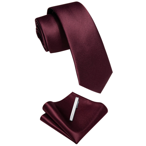 Burgundy Solid Skinny Necktie Pocket Square Set with Tie Clip