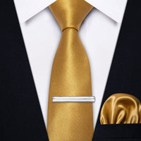 Gold Solid Skinny Necktie Pocket Square Set with Tie Clip
