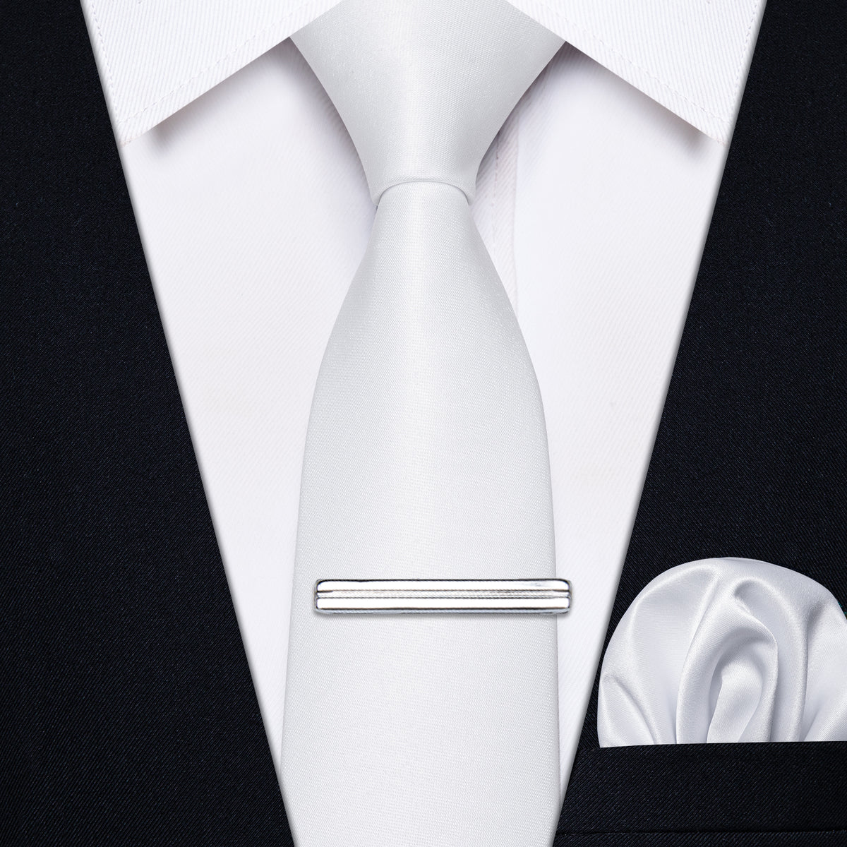 White Solid Skinny Necktie Pocket Square Set with Tie Clip