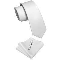 White Solid Skinny Necktie Pocket Square Set with Tie Clip