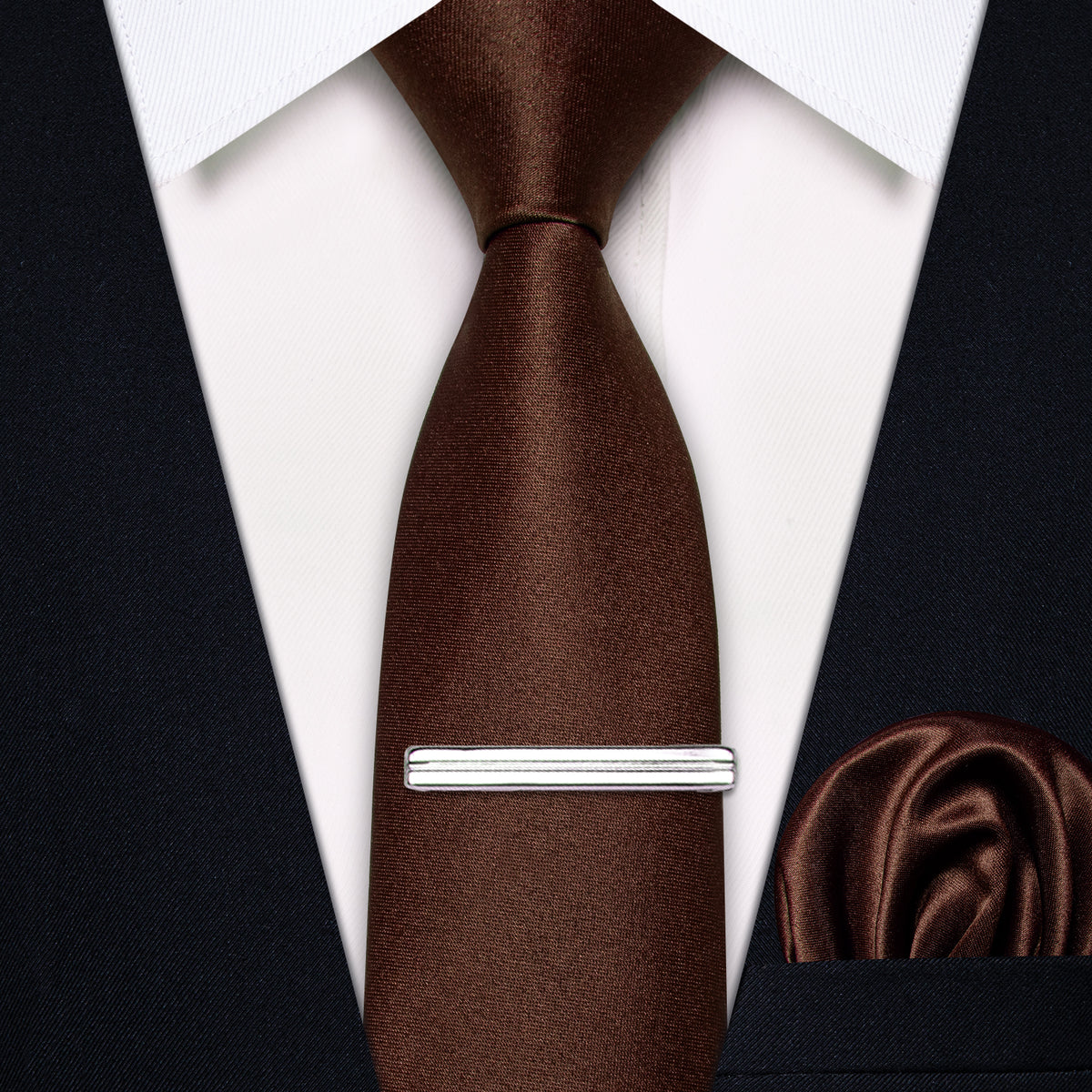 Coffee Solid Skinny Necktie Pocket Square Set with Tie Clip