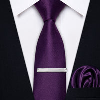 Purple Solid Skinny Necktie Pocket Square Set with Tie Clip
