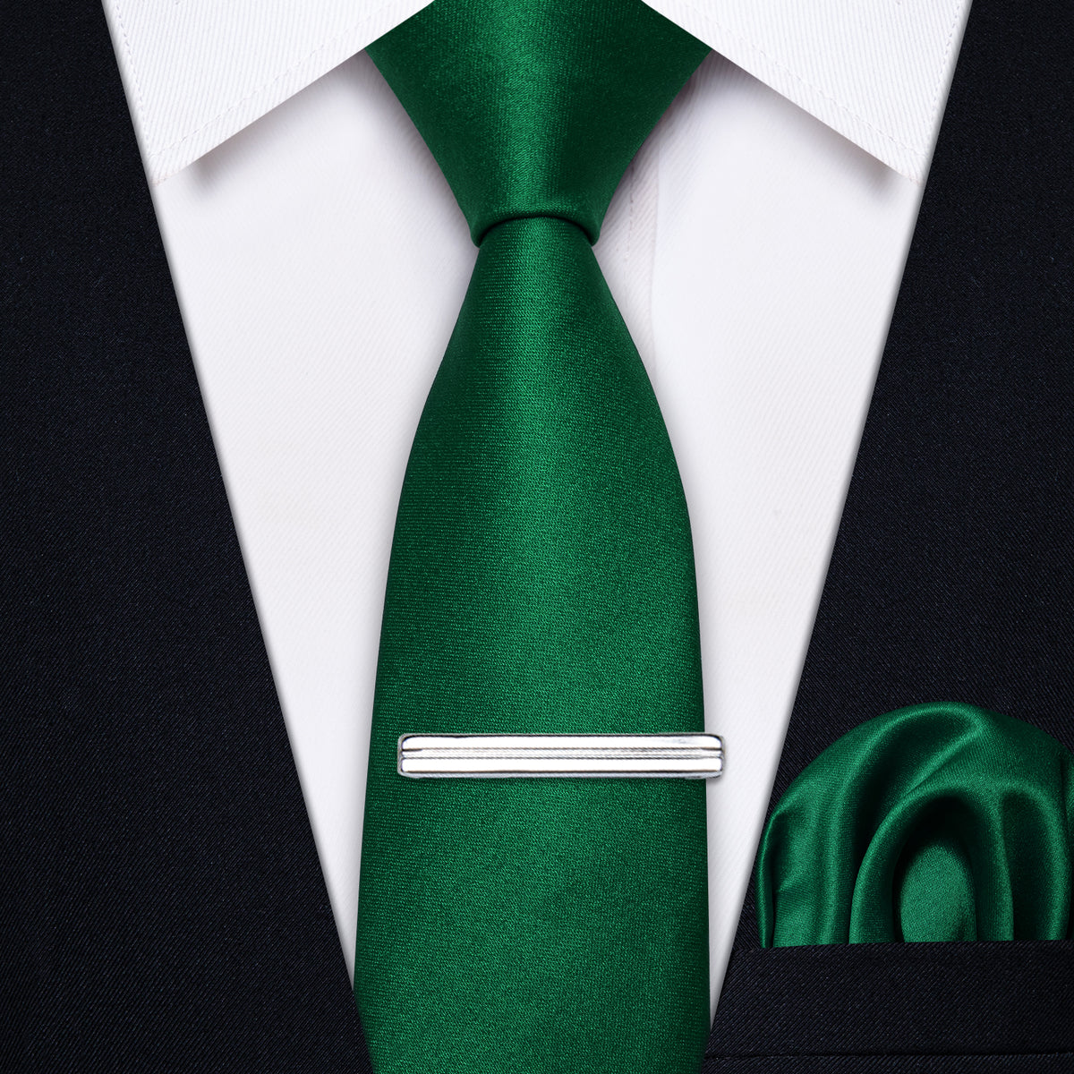 Green Solid Skinny Necktie Pocket Square Set with Tie Clip