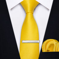 Light Yellow Solid Skinny Necktie Pocket Square Set with Tie Clip