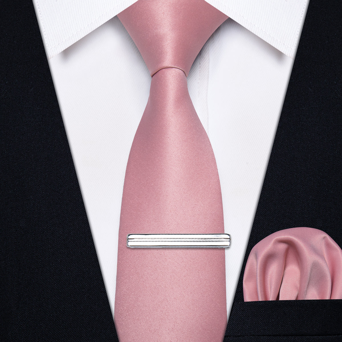 Peach Pink Solid Skinny Necktie Pocket Square Set with Tie Clip