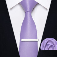 Periwinkle Purple Solid Skinny Necktie Pocket Square Set with Tie Clip
