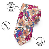 Red Brown Floral Printed Skinny Tie Pocket Square Tie Clip Set