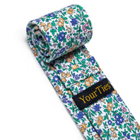 Green Blue Floral Printed Skinny Tie Pocket Square Tie Clip Set