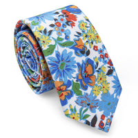 Blue Daisy Floral Printed Skinny Tie Set with Tie Clip