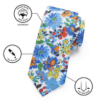 Blue Daisy Floral Printed Skinny Tie Set with Tie Clip