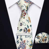 Cream Color Floral Printed Skinny Tie Set with Tie Clip