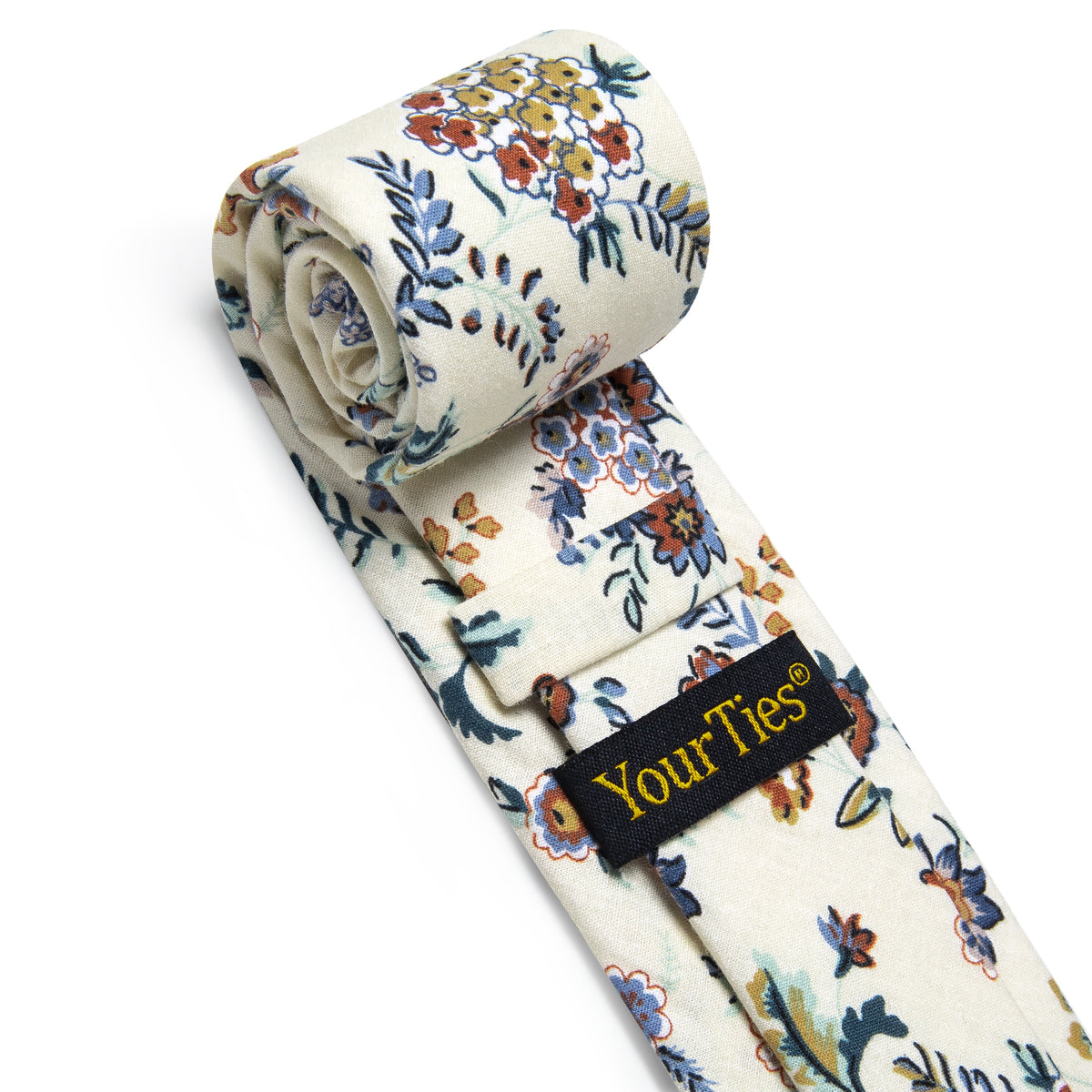 Cream Color Floral Printed Skinny Tie Set with Tie Clip