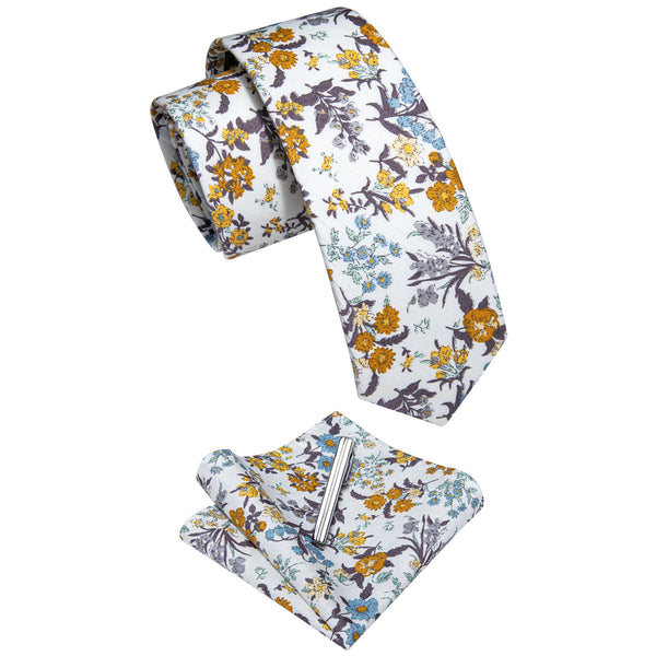 White Yellow Floral Printed Skinny Tie Set with Tie Clip