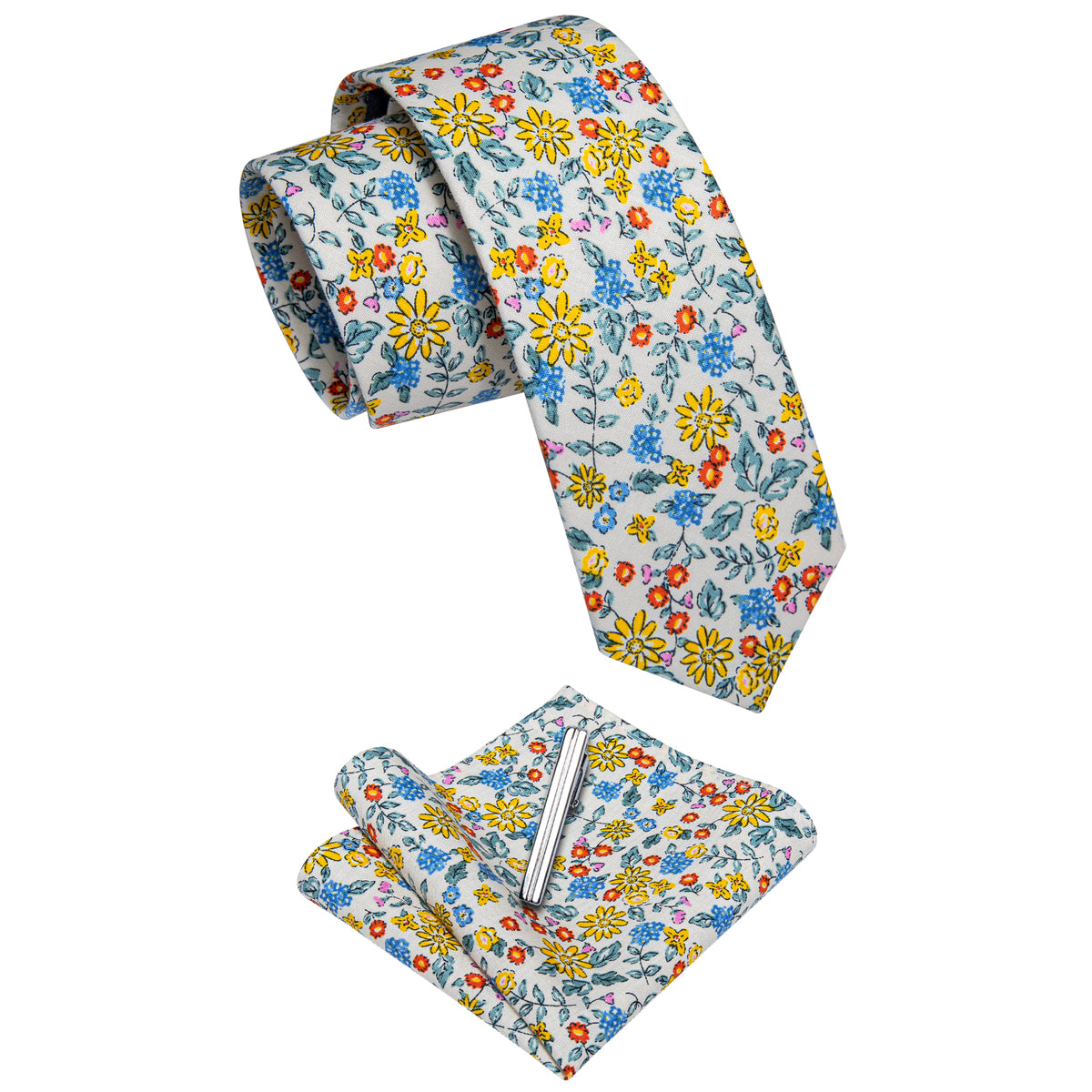 Yellow Daisy Floral Printed Skinny Tie Set with Tie Clip