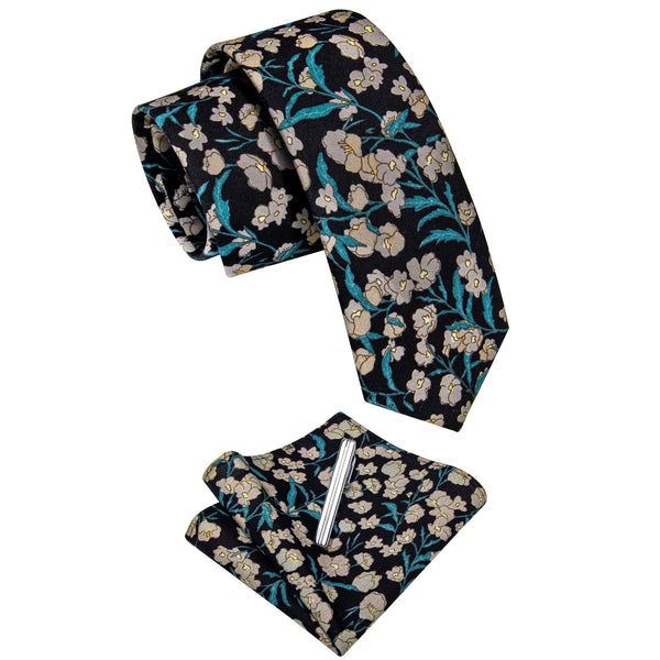Black Blue Floral Printed Skinny Tie Set with Tie Clip