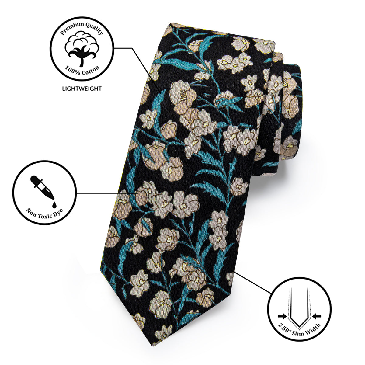 Black Blue Floral Printed Skinny Tie Set with Tie Clip