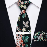 Black Green Floral Printed Skinny Tie Set with Tie Clip