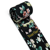 Black Green Floral Printed Skinny Tie Set with Tie Clip