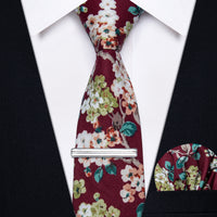 Red Floral Printed Skinny Tie Set with Tie Clip